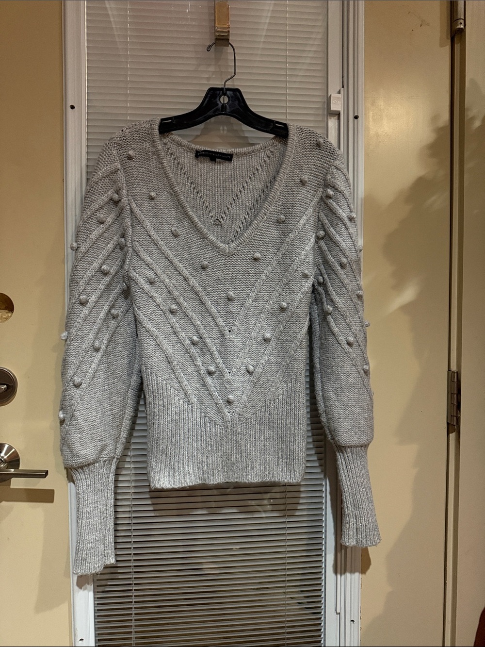 White House Black Market Light Gray V-Neck Pom-Pom Knit Sweater